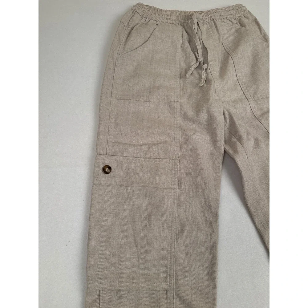 Wishlist Linen Blend Cargo Pants Tan Beige Herringbone Elastic Waist Small